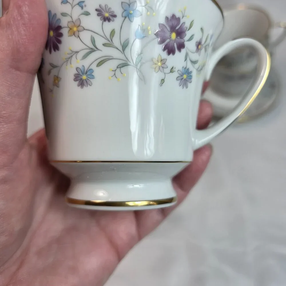 FOUR Noritake Longwood #2485 Cup & Saucer Sets Purple, Blue & Yellow Flowers